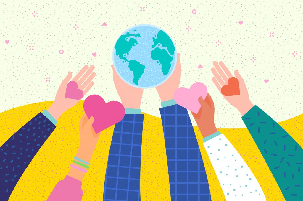 Hands handling hearts to planet Earth, Green cleaning illustration