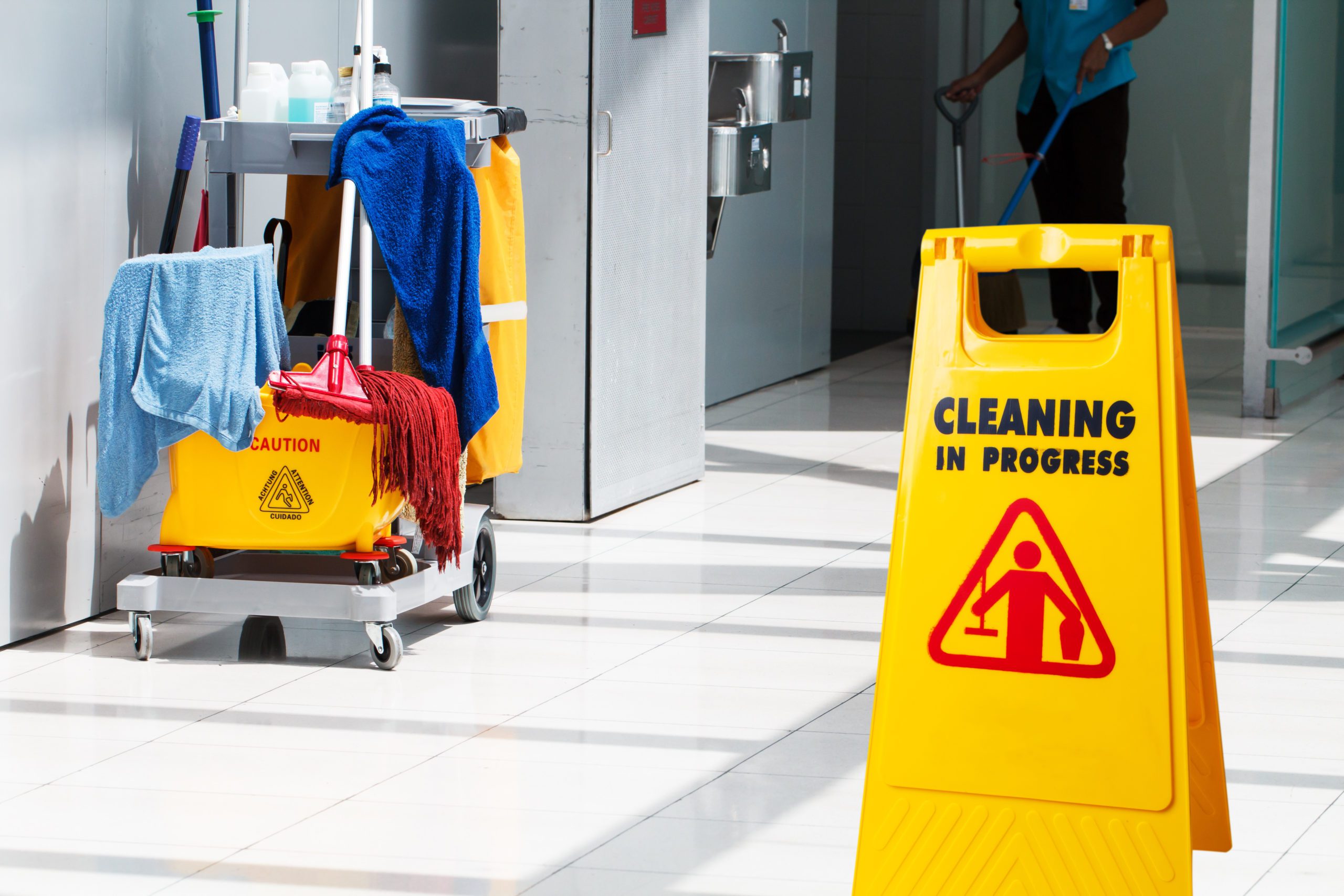 Warning sign on the floor - cleaning in progress